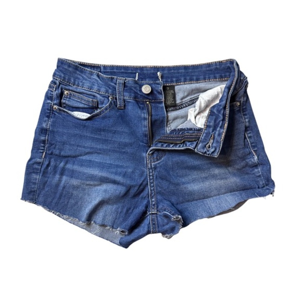 Soundgirl Denim Shorts‎ Womens 7 Blue Cut Off High Rise Raw Hem Stretch Frayed
